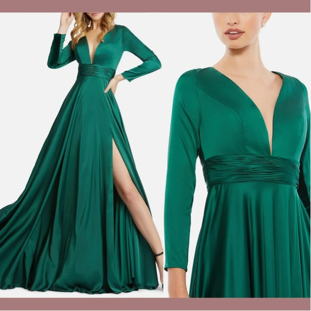 NEW IEENA Mac Duggal [ 16‎ ] Long Sleeve V-Neck A-Line Gown Emerald Green - Picture 2 of 16